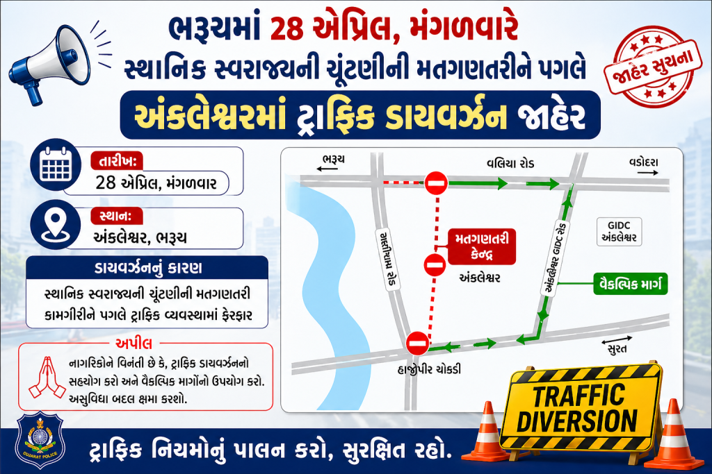 ભરૂચમાં ૨૮મી એપ્રિલે સ્થાનિક સ્વરાજ્યની ચૂંટણીની મતગણતરીને પગલે અંકલેશ્વરમાં ટ્રાફિક ડાયવર્ઝન જાહેર..